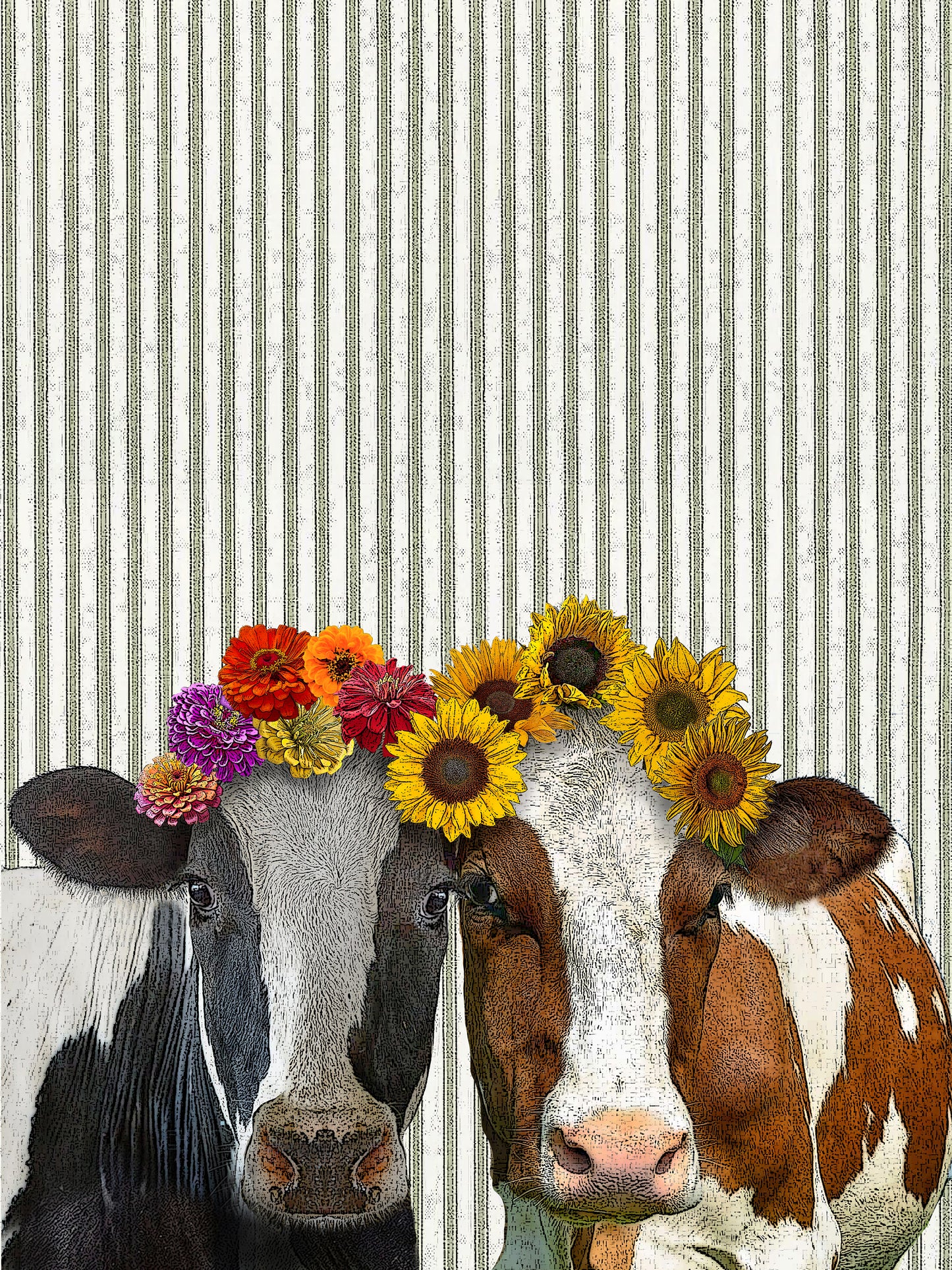 cow with flowers (ticking stripe) kitchen towel 18 x 24 inches flour sack material 18 x 24 inches