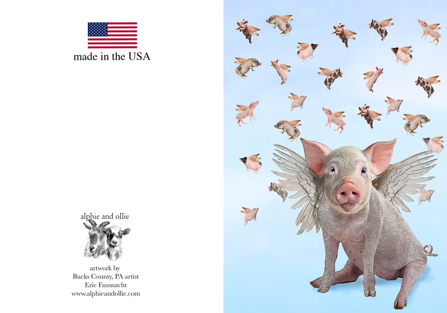 flying pig greeting card 5 x 7" made in the USA