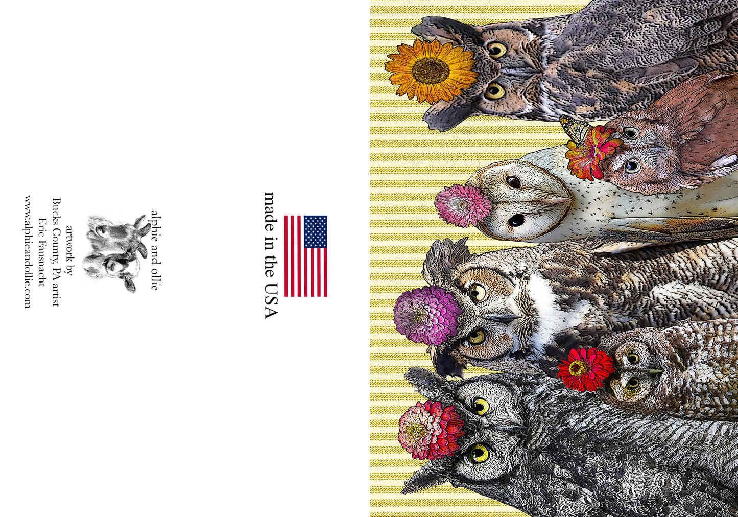 owls with flowers greeting card 5 x 7" made in USA