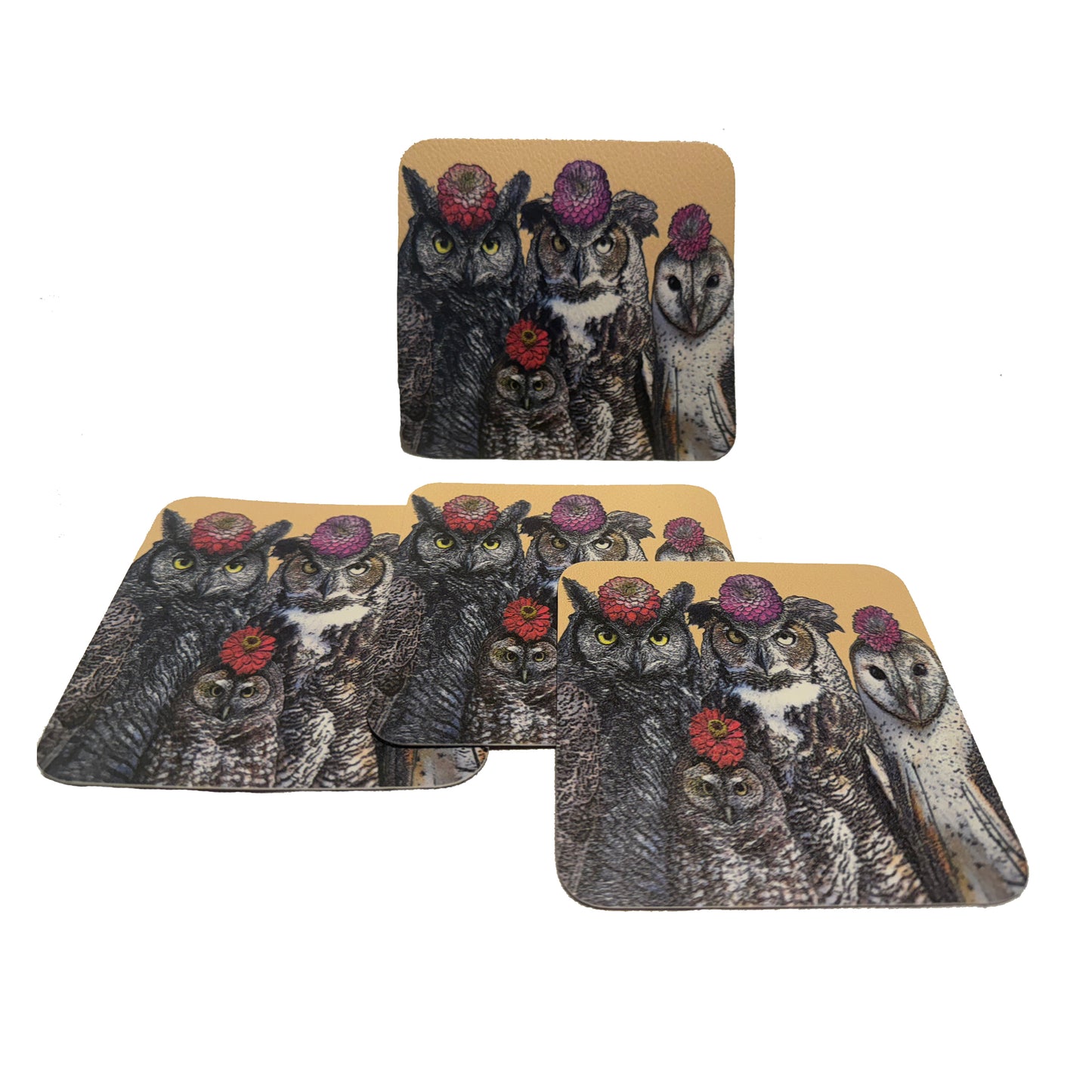 owls with flowers vinyl coaster set of 4