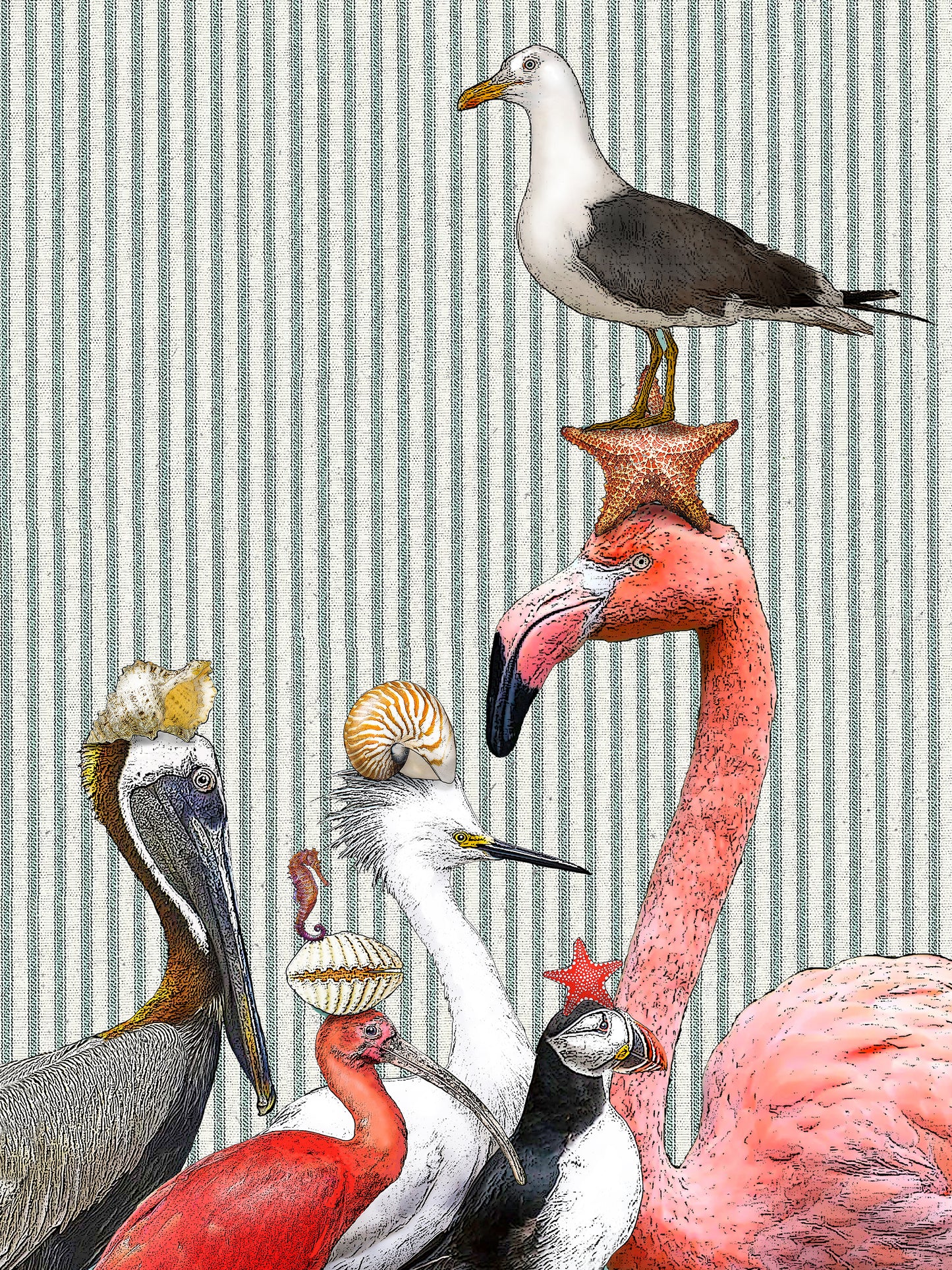 sea birds (ticking stripe) 100% cotton flour sack kitchen towel 18 x 24 inches
