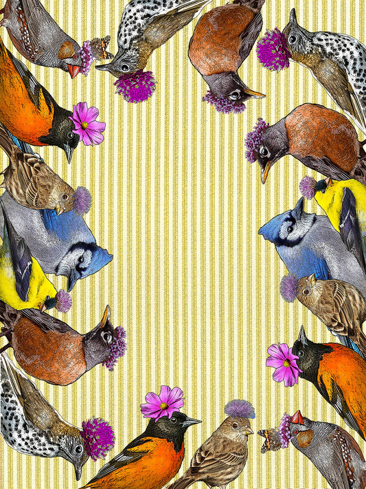 birds with flowers (ticking stripe) 100% cotton flour sack kitchen towel 18 x 24 inches