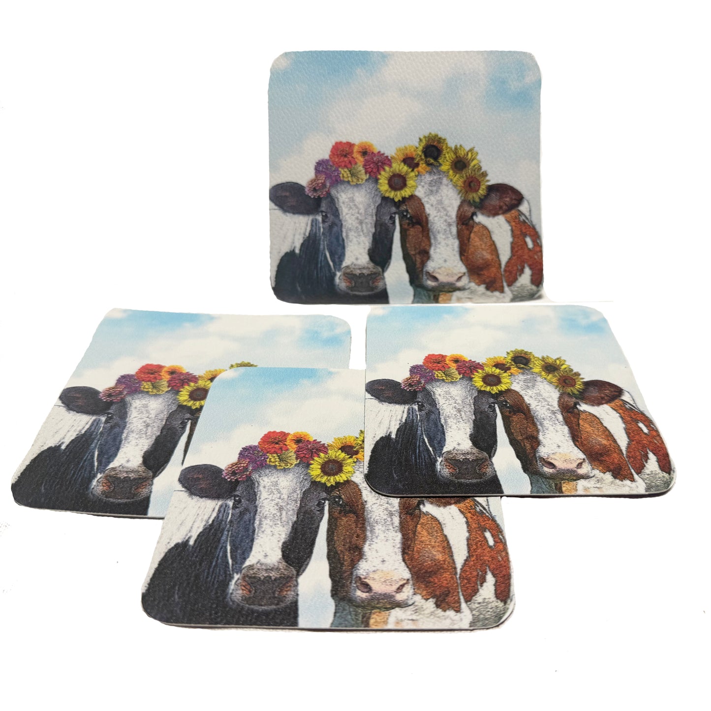 cows with flowers vinyl coasters set of 4