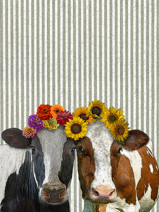 cow with flowers (ticking stripe) kitchen towel 18 x 24 inches flour sack material 18 x 24 inches