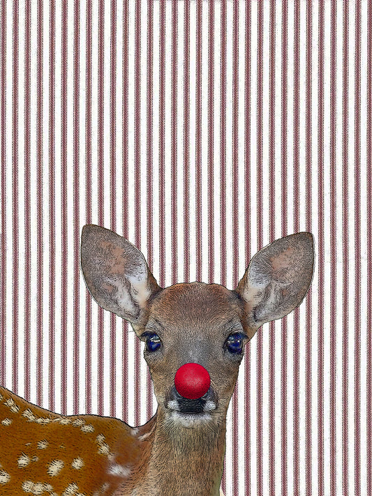 fawn with red clown nose (ticking stripe) 100% cotton flour sack kitchen towel 18 x 24 inches