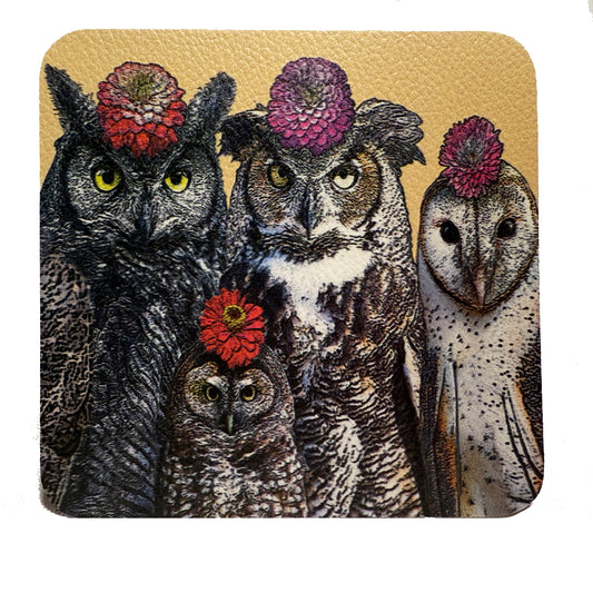 owls with flowers vinyl coaster set of 4