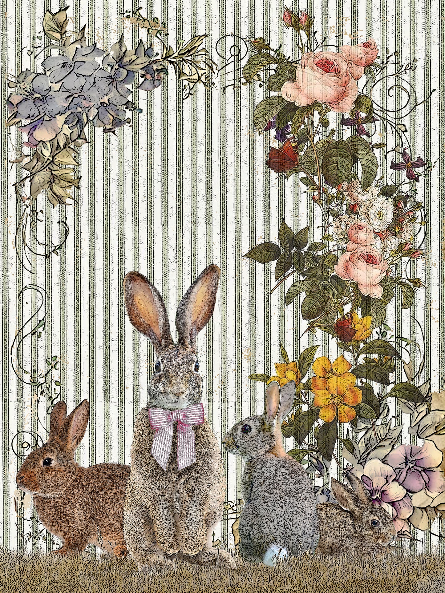 primitive bunny (ticking stripe) 100% cotton flour sack kitchen towel 18 x 24 inches