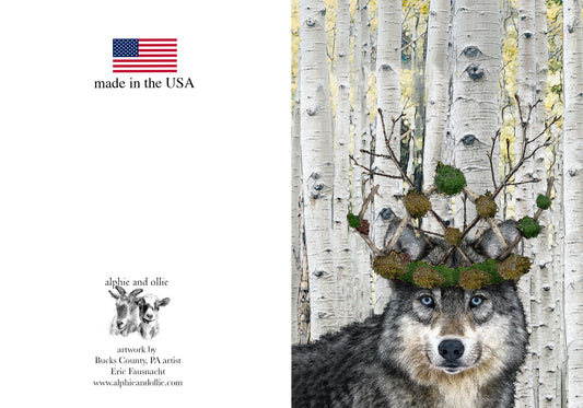 wolf with crown greeting card 5 x 7" made in USA